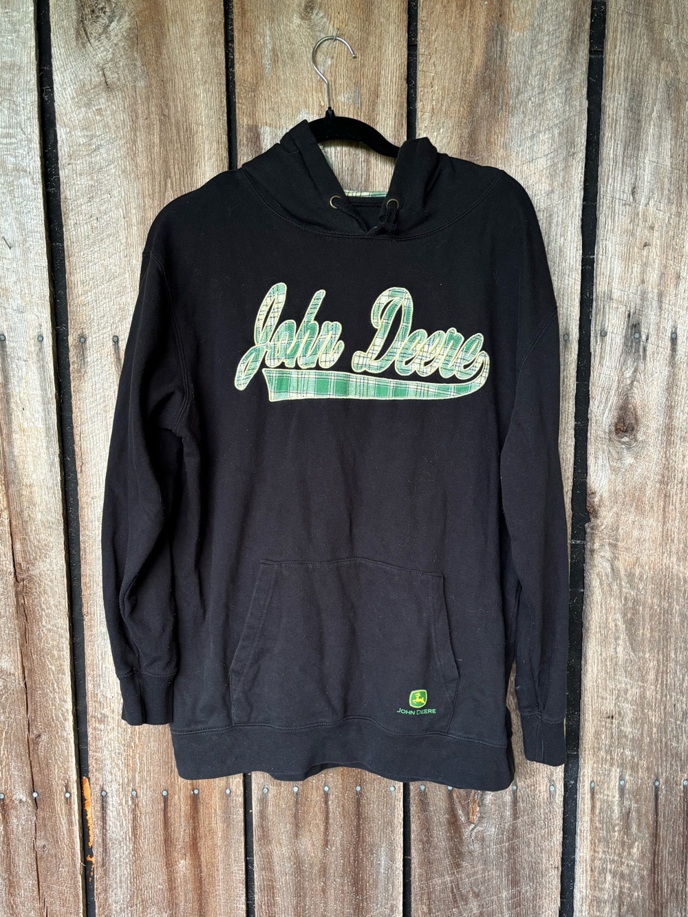 John Deere XL Black Plaid Logo Hoodie Pullover Sweatshirt Farm Tractor Casual